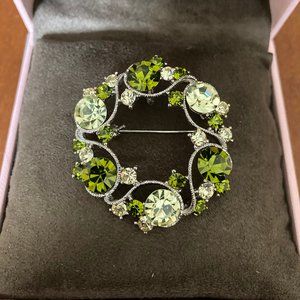 Dark and Light Green Crystal Silver Brooch